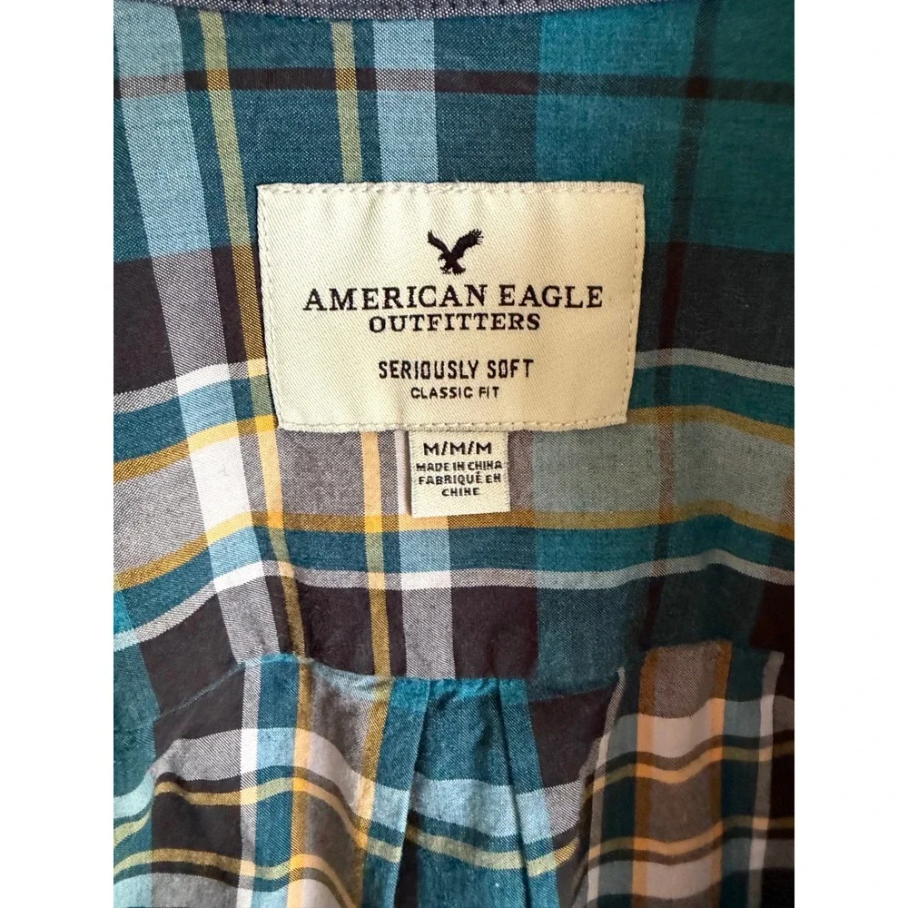 American Eagle Mens Seriously Soft Plaid Button Down Shirt Teal Yellow Classic M